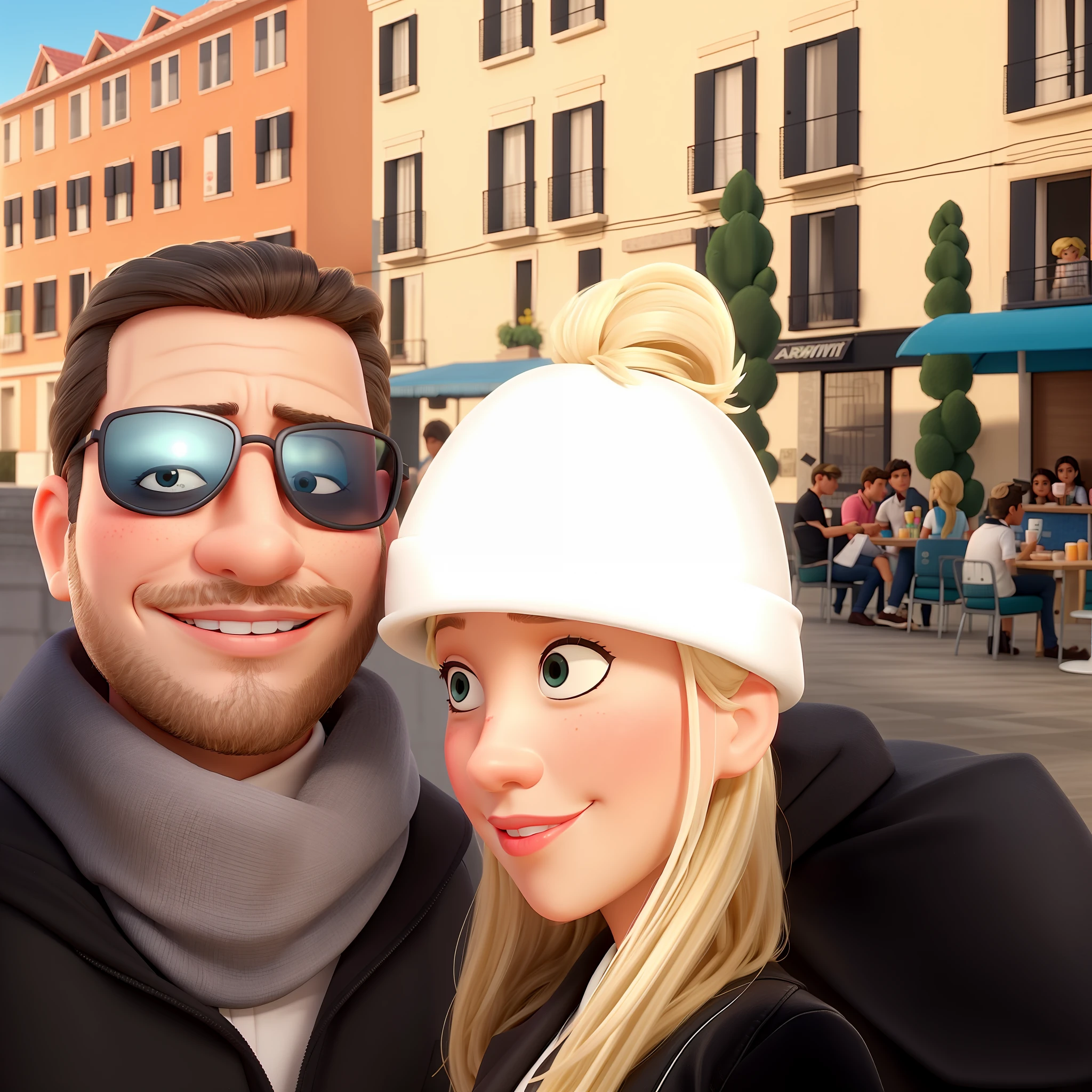 Blonde woman wearing a white hat and sunglasses with a man in a black jacket, imagem de perfil, foto de perfil, sol de inverno, Sakimichan e Frank Franzzeta, lorenzo vitturi, dia ensolarado brilhante, em tempo ensolarado, Fevereiro), finalmente, tempo muito ensolarado, delicioso, ao ar livre, 🤬 🤮 💕 🎀, Italy, em um dia brilhante