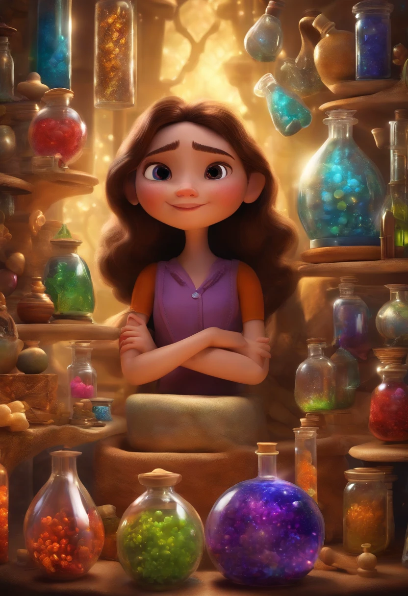 A collector of ideas inspired by Pixar animation, de perto. She is surrounded by a collection of magic vials, each containing a unique idea. The focus is on the character, with a captivating facial expression, Against a backdrop of shimmering, cores efervescentes.