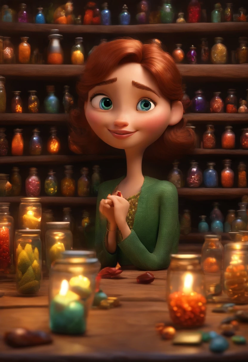 A collector of ideas inspired by Pixar animation, de perto. She is surrounded by a collection of magic vials, each containing a unique idea. The focus is on the character, with a captivating facial expression, Against a backdrop of shimmering, cores efervescentes.