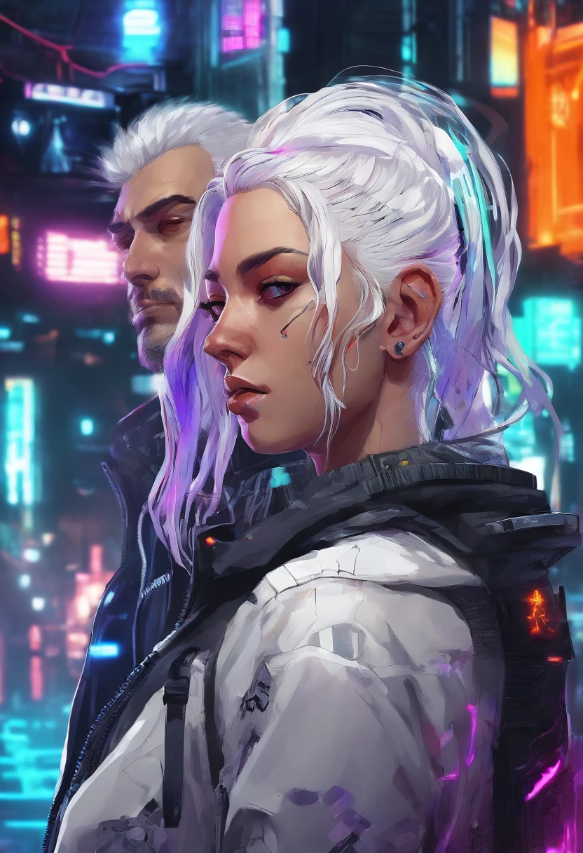 1 male, white hair, male with female features , netrunner