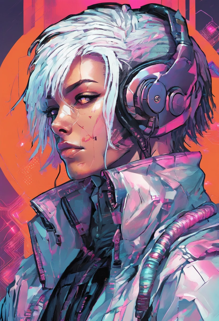 1 male, white hair, male with female features , netrunner