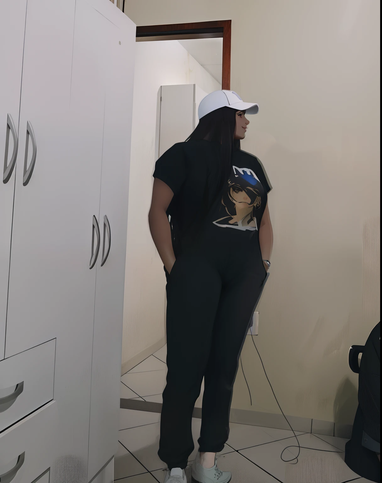 Uma mulher de 18 anos, com longos cabelos castanhos escuros , Rosto redondo, sorriso encantador, e olhos castanhos, em uma sala de aula, studio lighting, Sign Language Interpreter and Sign Language Teacher. she is wearing black clothes, Black blouse and jeans, wearing goggles