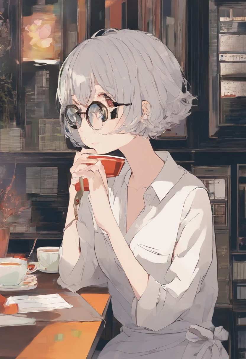 (femele),(short-hair),(small mouth),Black Round Clear Glass Glasses、Eyes narrow and small、profile、Beautie、35 year old、A dark-haired、profile、White wallpaper、Sitting in front of the PC、Drinking coffee