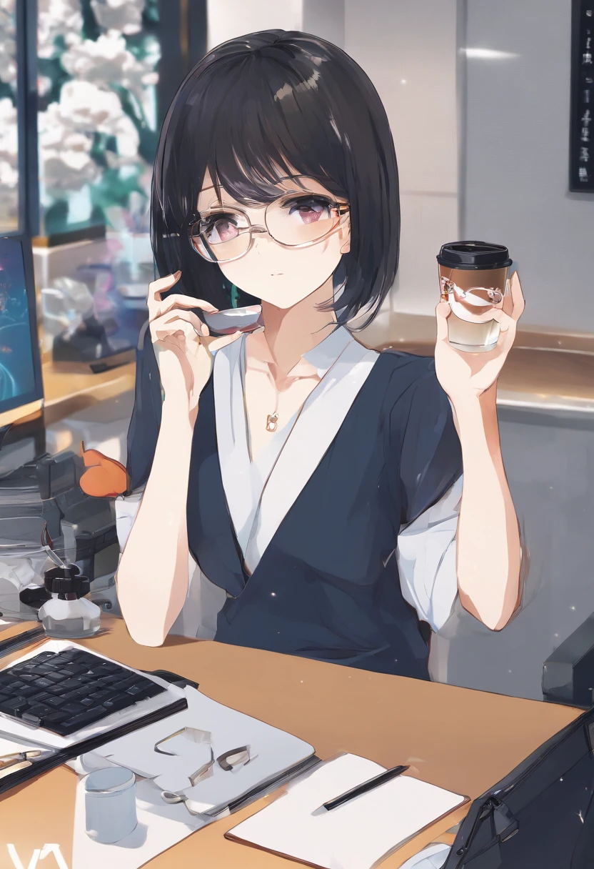 (femele),(short-hair),(small mouth),Black Round Clear Glass Glasses、Eyes narrow and small、profile、Beautie、35 year old、A dark-haired、profile、White wallpaper、Sitting in front of the PC、Drinking coffee