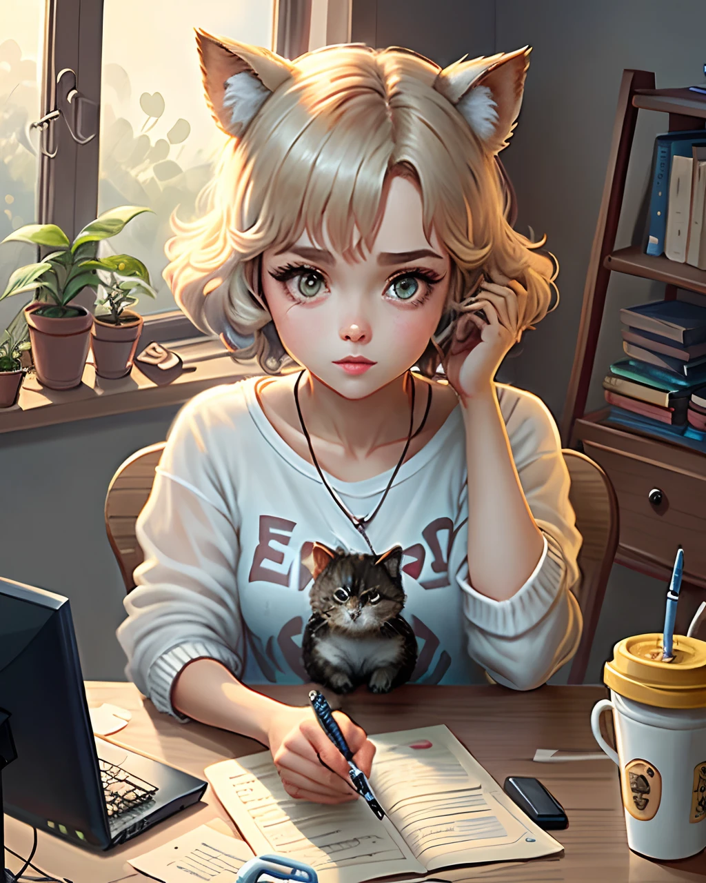 Imagem no estilo disney pixar 3d com uma mulher jovem branca de cabelos medio loiros com mechas castanhas e olhos castanhos e uma gata cinza com branco, por um coler com uma pequena perola de pingente em um home office mexendo em um computador, ao mesmo tempo no celular. na mesa de trabalho tem um objeto no formato de lua branca como luminaria. com a imagem de um escritorio criativo e conteporaneo