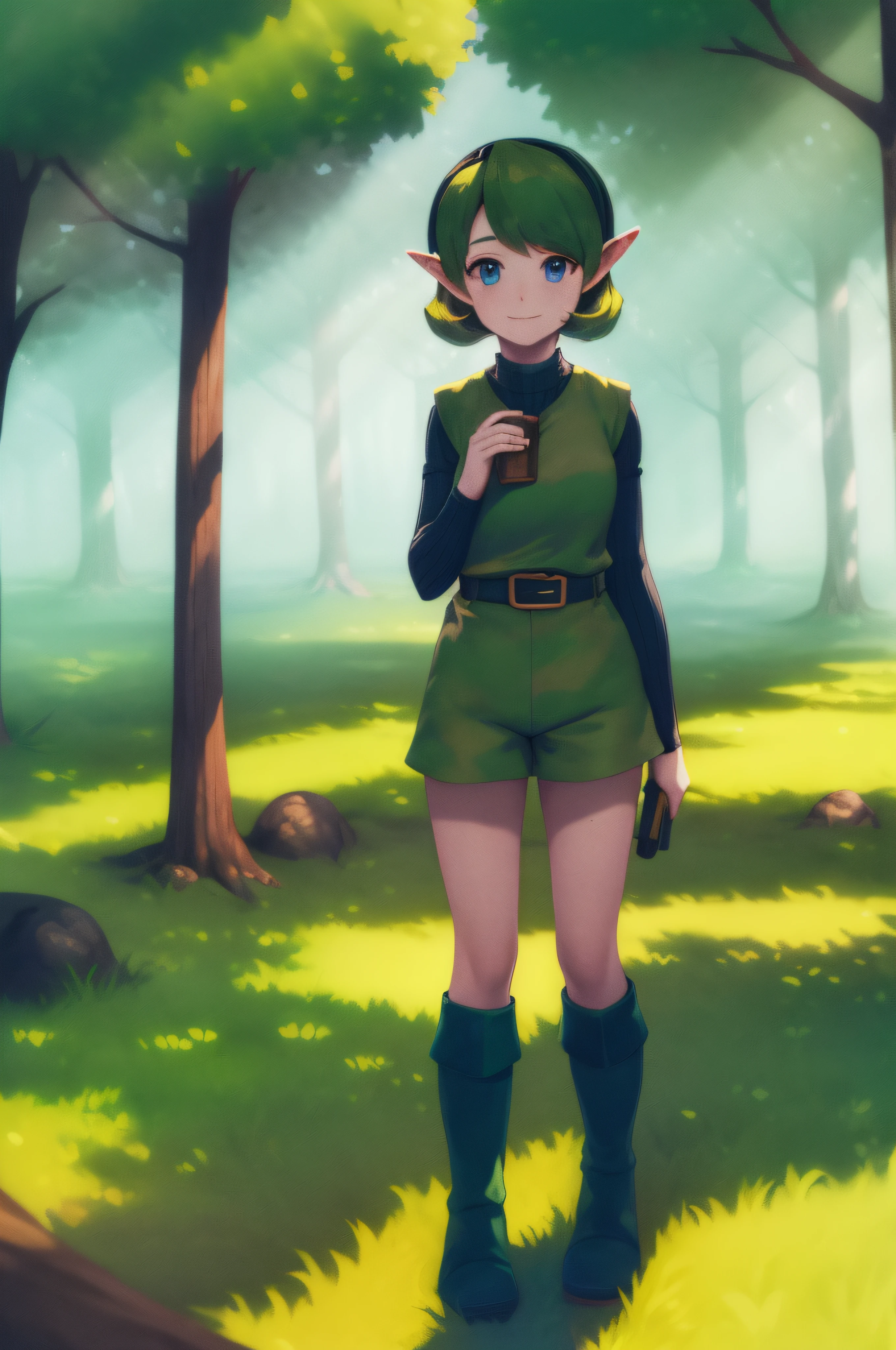 masterpiece, best_quality, 1girl, solo, saria \(the legend of zelda\), forest,
