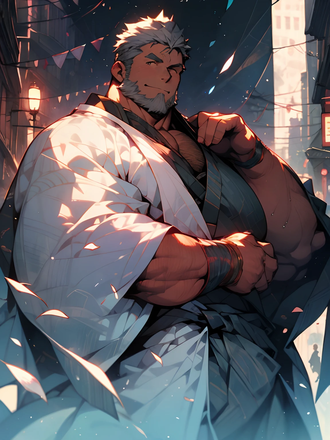Extremely detailed、Detailed face、Detailed eyes、Detailed hand、view full body、Sorcerer、muscular body、Fat(Fat、Fat)、Silver hair and short beard、Good arm、Good eyes、nightcity、Kimono、Hakamahaori、Dressed in a dark blue feather robe、Effects of witchcraft