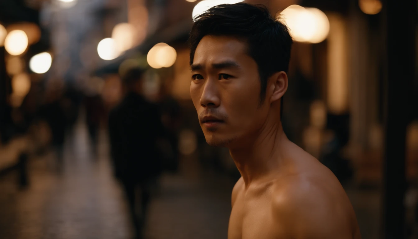 masterpiece, best quality, 1 male, adult, handsome, tall muscular guy, broad shoulders, finely detailed eyes and detailed face, extremely detailed CG unity 8k wallpaper, intricate details, Cyberpunk, holographic, tight string thong ,nude , all fours, night city, neon sign, skyscraper, depth of field , nsfw , eroticism , sexy , side view , looking at viewer , big thighs , fat buttocks