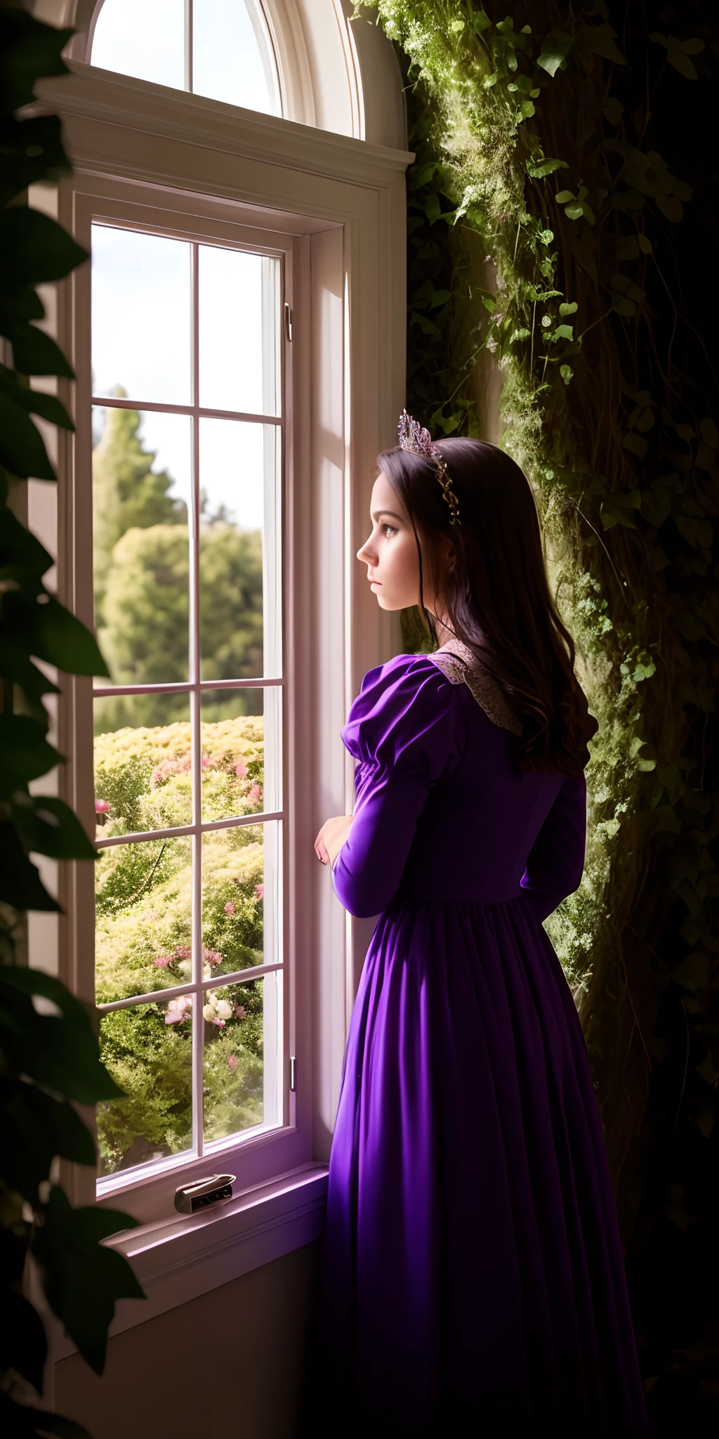 Princess staring out of a window in her castle. She looks deep in though and a bit sad. She wears purple and there’s overgrowth surrounding the window