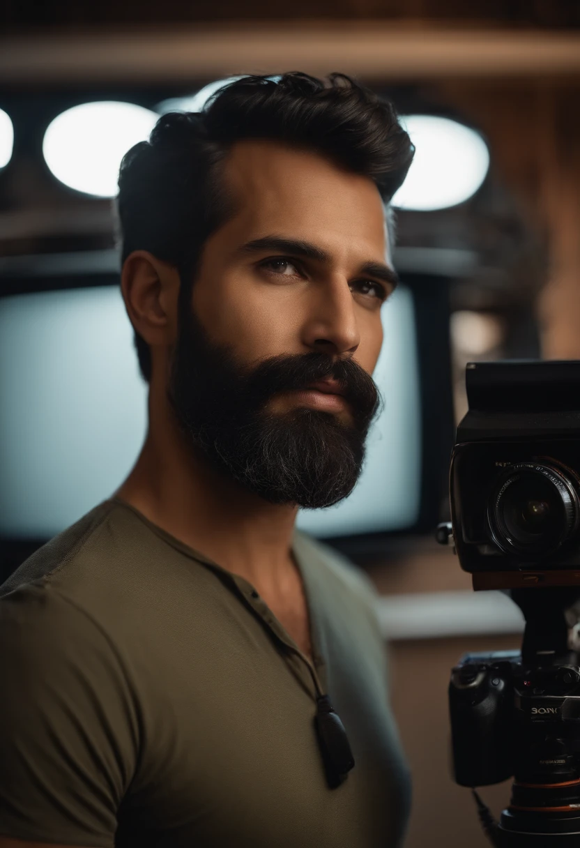 homem loiro com barba idade 35 anos segurando uma camera sony dentro de um estudio de tv