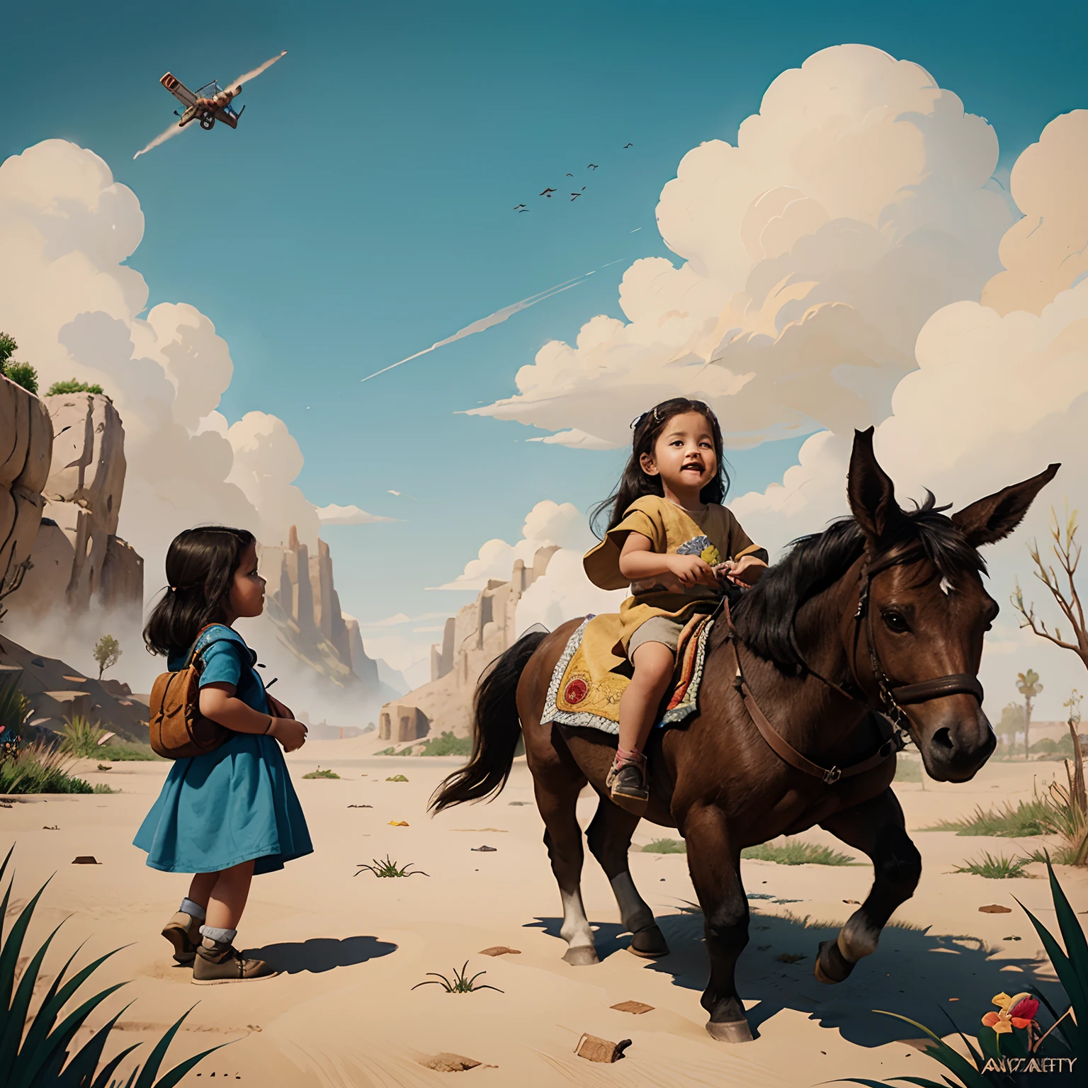 Cartoon illustration of a children on a donkey, illustration of children's books, colorful kids book illustration, fantasy RPG book illustration, illustration of children's books, mobile game art, Game Illustration, story book illustration, detailed game art illustration, estilo de arte de jogo de fantasia, illustration for children, Arte infantil em Artstation, fantasy book illustration, cute storybook illustration, illustration of children's book