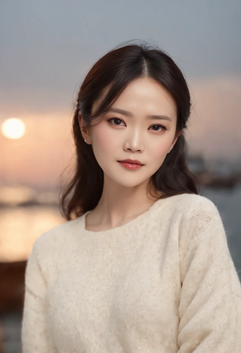 (The ultra -The high-definition、high-level image quality、8K、masterpiece:1.4)、Luxury liner、Scenery on deck、Night Cruises、Beautiful night view of the coast in the distance、Port of Yokohama、The season is late autumn、beautiful Korean women、Medium Layer Hairstyles、With beautiful black hair、In a sweater with an open chest、With Korean style makeup、On Zhang Ziyi's face、softfocus、