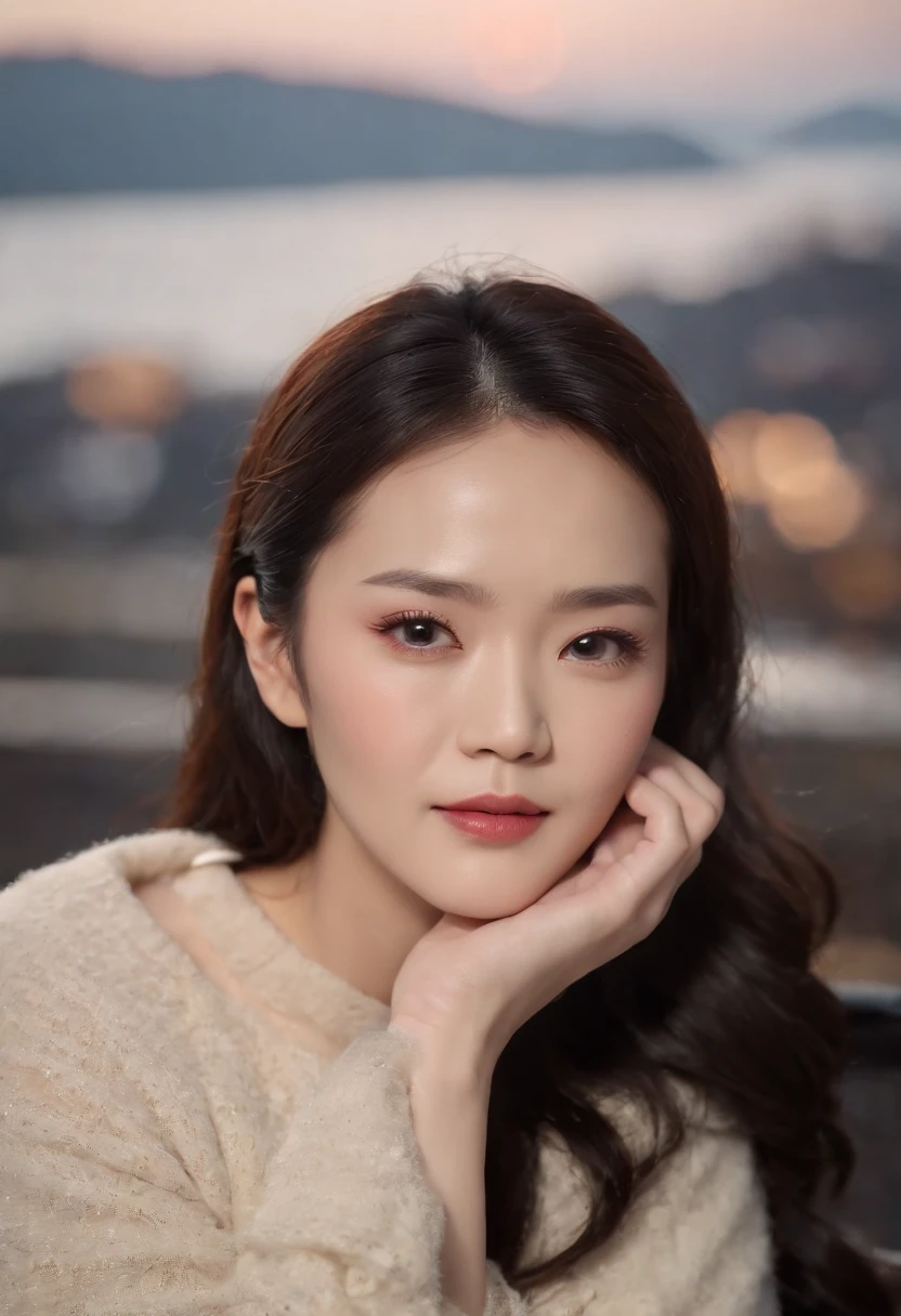 (The ultra -The high-definition、high-level image quality、8K、​masterpiece:1.4)、Luxury liner、Scenery on deck、Night Cruises、Beautiful night view of the coast in the distance、Port of Yokohama、The season is late autumn、beautiful Korean women、Medium Layer Hairstyles、With beautiful black hair、In a sweater with an open chest、With Korean style makeup、On Zhang Ziyi's face、softfocus、