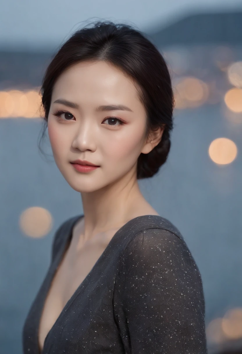 (The ultra -The high-definition、high-level image quality、8K、masterpiece:1.4)、Luxury liner、Scenery on deck、Night Cruises、Beautiful night view of the coast in the distance、Port of Yokohama、The season is late autumn、beautiful Korean women、Medium Layer Hairstyles、With beautiful black hair、In a sweater with an open chest、With Korean style makeup、On Zhang Ziyi's face、softfocus、