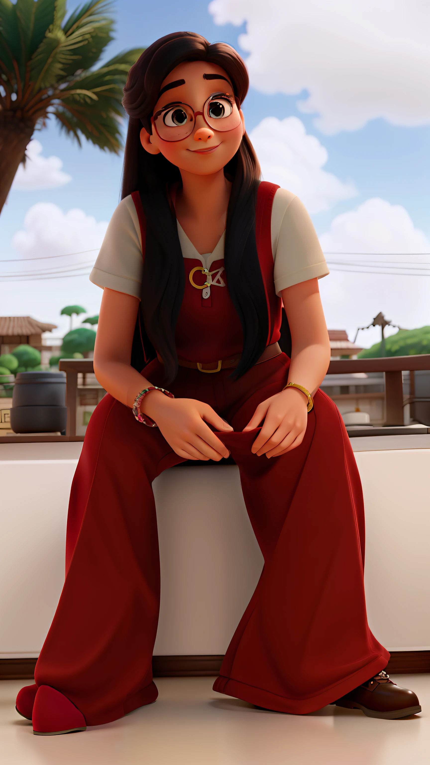 Poster no estilo Disney pixar, alta qualidade, melhor qualidade, a girl, 30 anos cabelos pretos liso, sentada, com fundo desfocado