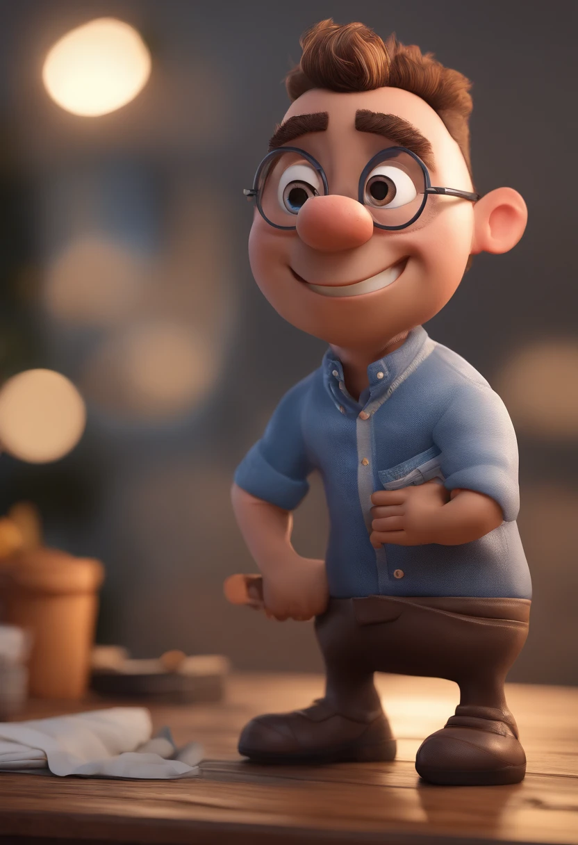 Cartoon character of a man with black glasses and a blue shirt, animation character, Caractere estilizado, animation style rendering, 3D estilizado, Arnold Maya render, 3 d render stylized, toon render keyshot, Personagem 3D, Personagem 3D, 3d rendering stylized, 3 d character render, personagem de desenho animado, Personagem de close up, Pose de personagem,  (Estilo Pixar) (master part:1.2) (Bokeh) (best quality) (pele detalhada) (textura detalhada) (8k) (argila) (Cinematic lighting) (foco nítido