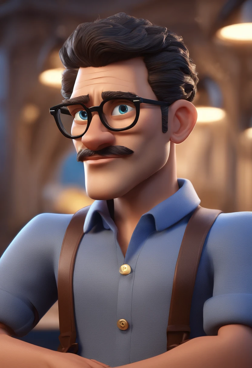 Cartoon character of a man with black glasses and a blue shirt, animation character, Caractere estilizado, animation style rendering, 3D estilizado, Arnold Maya render, 3 d render stylized, toon render keyshot, Personagem 3D, Personagem 3D, 3d rendering stylized, 3 d character render, personagem de desenho animado, Personagem de close up, Pose de personagem,  (Estilo Pixar) (master part:1.2) (Bokeh) (best quality) (pele detalhada) (textura detalhada) (8k) (argila) (Cinematic lighting) (foco nítido