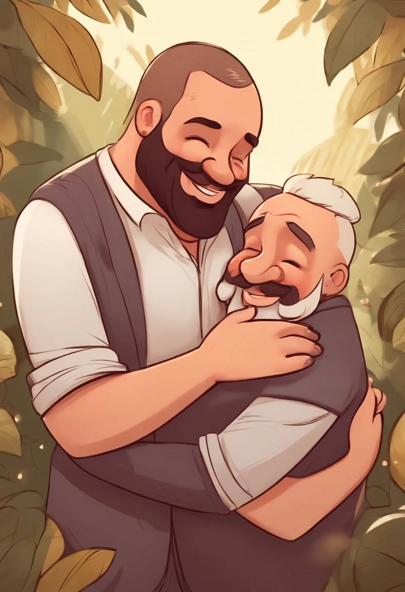 Cartoon character of two chubby hairy bald guys hugging each other and smiling, cute atmosphere, interacial couple