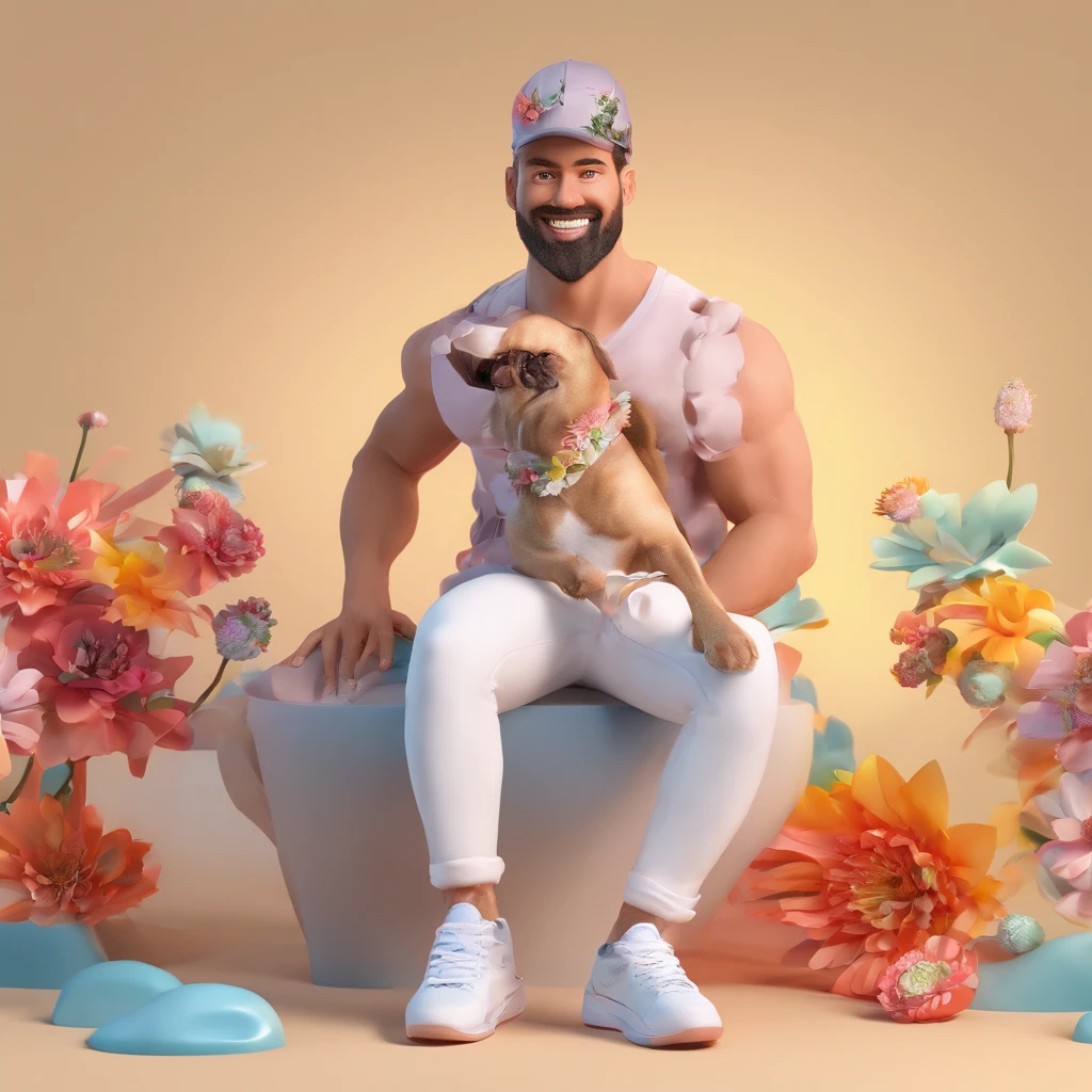 Claudio, sorridente, piercing de argola no nariz, Tattoo of flowers on the arm, tem um cachorro yorkshire, wears white sneakers, body with some muscles, cabelos castanhos curto e liso, pele clara