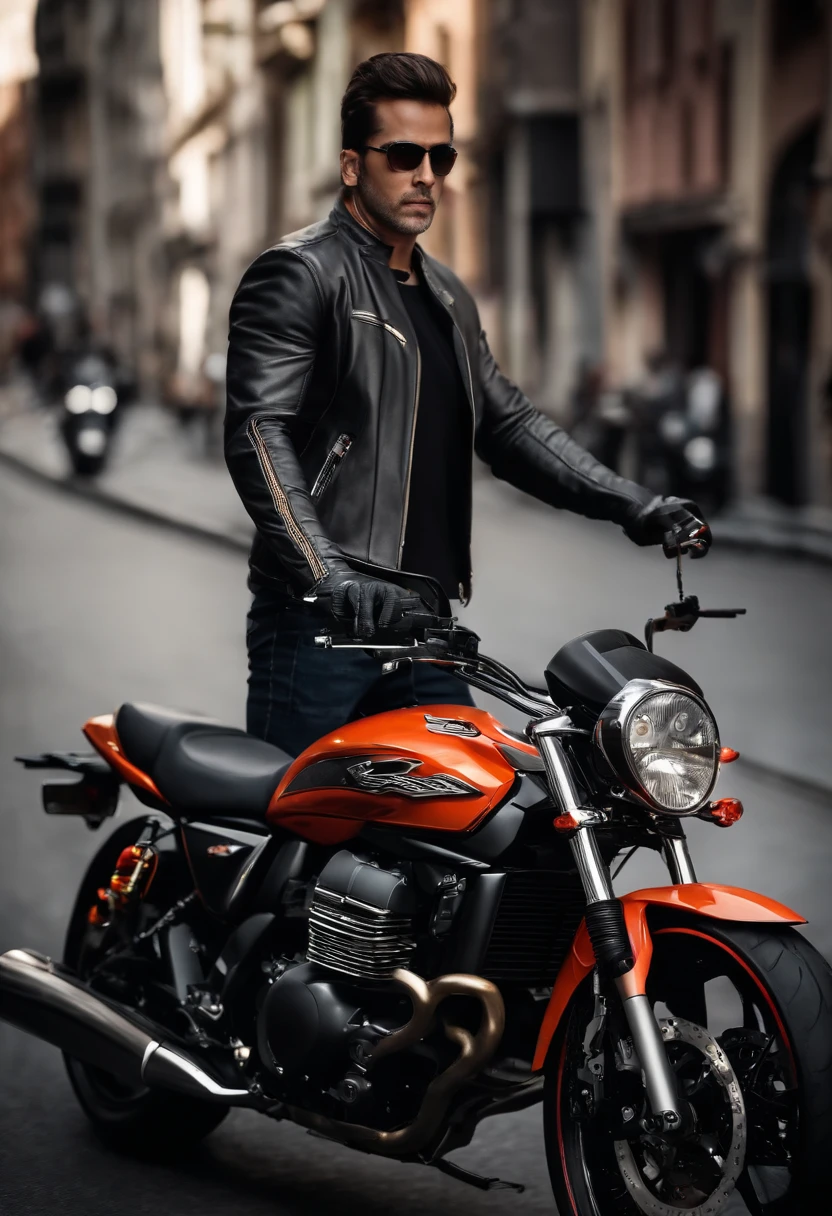(8k, extremely high quality, master part: 1.2), ultra detalhe, extremely high quality, Ultra high resolution, professional lighting, A man of average height in a black biker jacket with red chest and side details, capacete de cor cinza com a viseira preta fosco,em cima de uma moto da Kawasaki modelo ER6N, predominantly orange in color and the tail of the black motorcycle taking a ride through a big city full of buildings but with little traffic