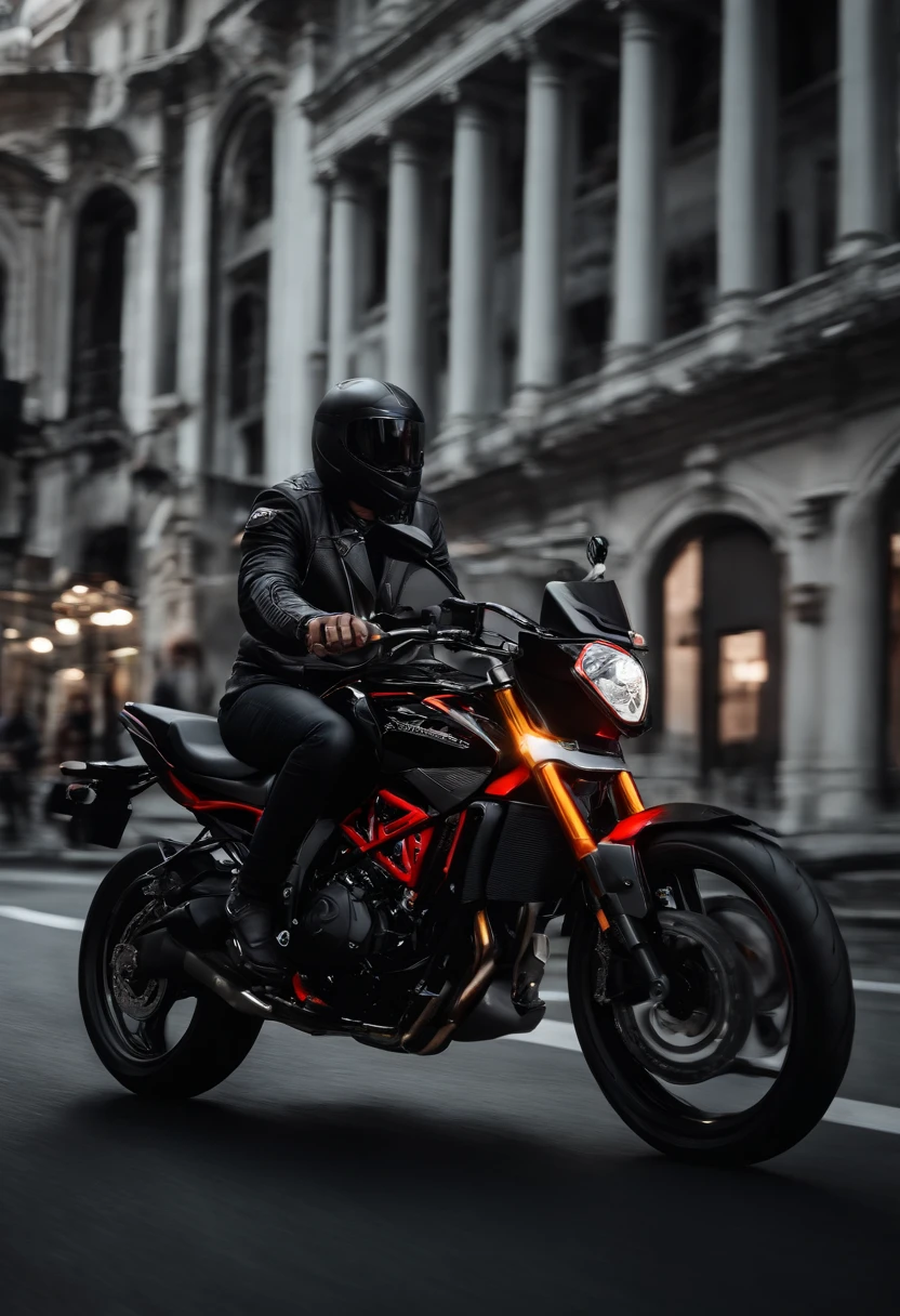 (8k, extremely high quality, master part: 1.2), ultra detalhe, extremely high quality, Ultra high resolution, professional lighting, A man of average height in a black biker jacket with red chest and side details, capacete de cor cinza com a viseira preta fosco,em cima de uma moto da Kawasaki modelo ER6N, predominantly orange in color and the tail of the black motorcycle taking a ride through a big city full of buildings but with little traffic