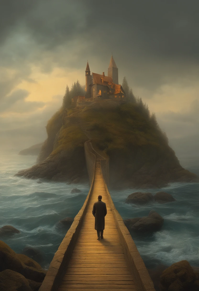 Myst, de Thomas Kinkade, Aron Wiesenfeld e Beksincki e Adrianus Eversen e GEDIMINAS PRANCKEVICIUS e ESCHER, Texturas intrincadamente refinadas, Detalhes da pintura fosca, cor profunda, genial, Detalhes intrincados