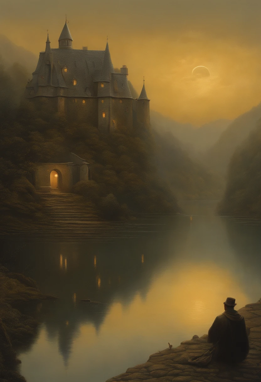 Myst, de Thomas Kinkade, Aron Wiesenfeld e Beksincki e Adrianus Eversen e GEDIMINAS PRANCKEVICIUS e ESCHER, Texturas intrincadamente refinadas, Detalhes da pintura fosca, cor profunda, genial, Detalhes intrincados