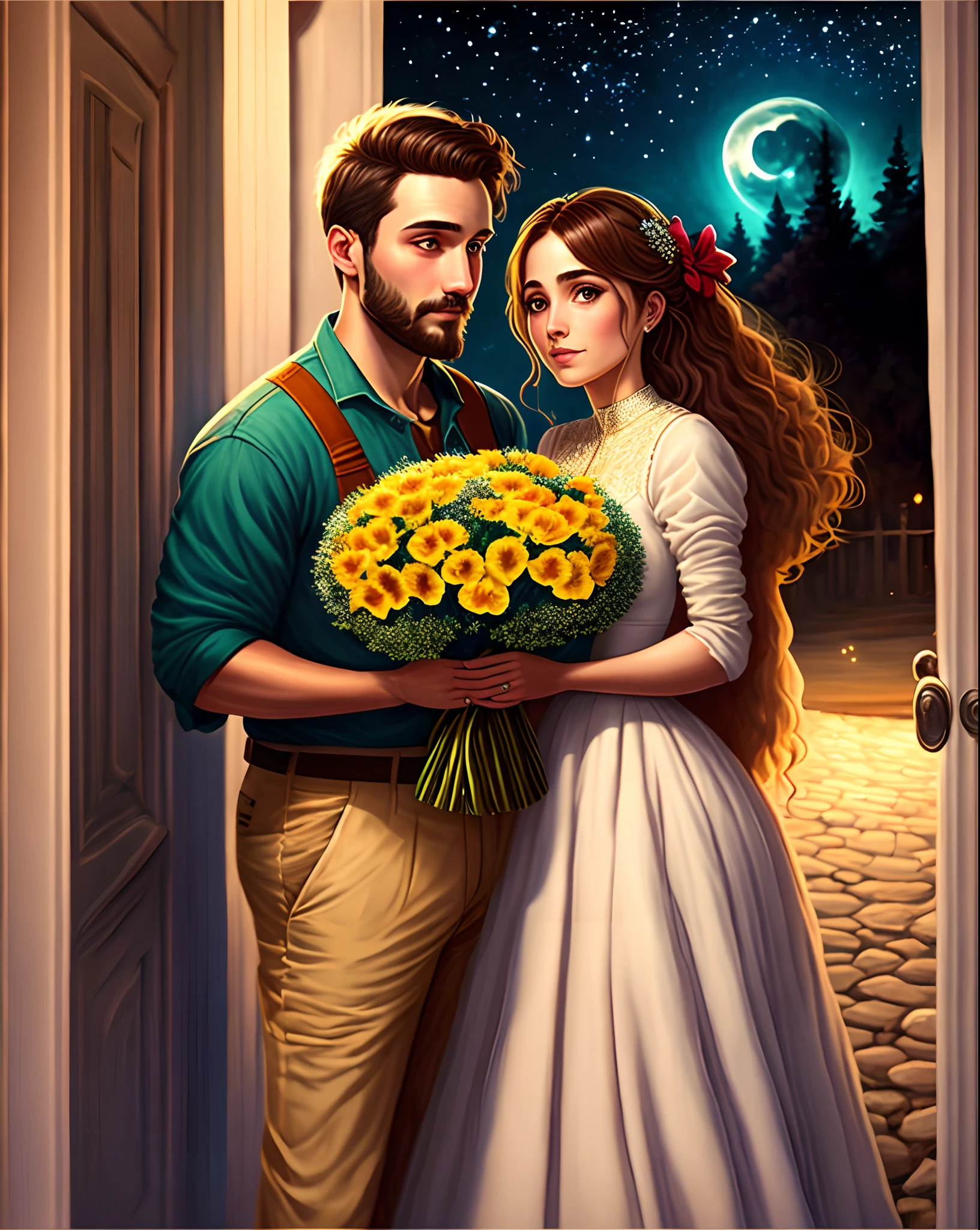 Criar imagem no estilo Pixar 

A cena se passa um casal em frente a uma combi wolkswagen, ele terno bege sem gravata, moreno, alto, olhos escuros, com barba e nariz levemente achatado, cabelos escuros penteados para cima. Ela morena, alta, olhos escuros, nariz levemente achatado, vestido de noiva seria, Holding a terracotta bouquet. They're both under a moonlight