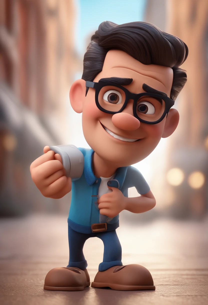Cartoon character of a man with black glasses and a blue shirt, animation character, Caractere estilizado, animation style rendering, 3D estilizado, Arnold Maya render, 3 d render stylized, toon render keyshot, Personagem 3D, Personagem 3D, 3d rendering stylized, 3 d character render, personagem de desenho animado, Personagem de close up, Pose de personagem, (Estilo Pixar) (master part:1.2) (Bokeh) (best quality) (pele detalhada) (textura detalhada) (8k) (argila) (Cinematic lighting) (foco nítido