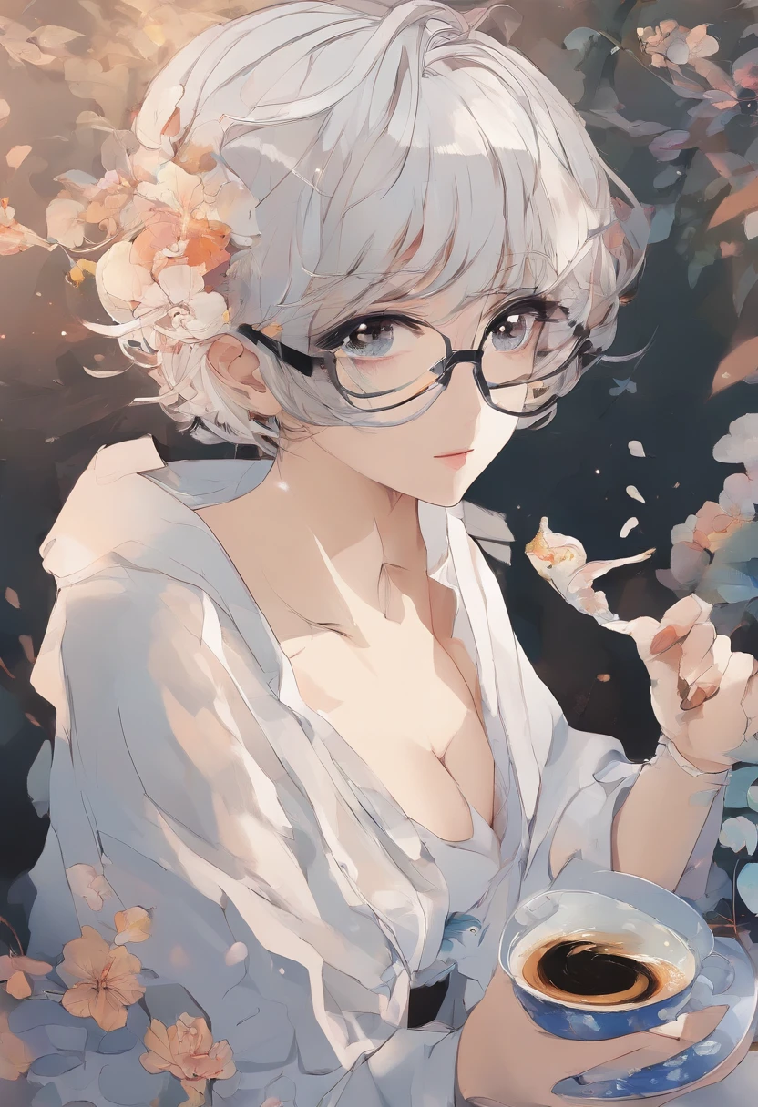 (femele),(short-hair),(small mouth),Black Round Clear Glass Glasses、Eyes narrow and small、profile、Beautie、35 year old、A dark-haired、profile、White wallpaper、Sitting in front of the PC、Drinking coffee、He wears a black cardigan over a white shirt、Have a mug、