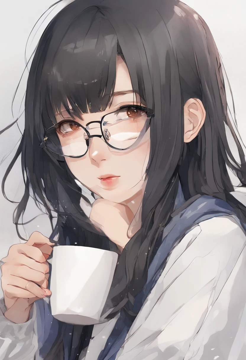(femele),(short-hair),(small mouth),Black Round Clear Glass Glasses、Eyes narrow and small、profile、Beautie、35 year old、A dark-haired、profile、White wallpaper、Sitting in front of the PC、Drinking coffee、He wears a black cardigan over a white shirt、Have a mug、
