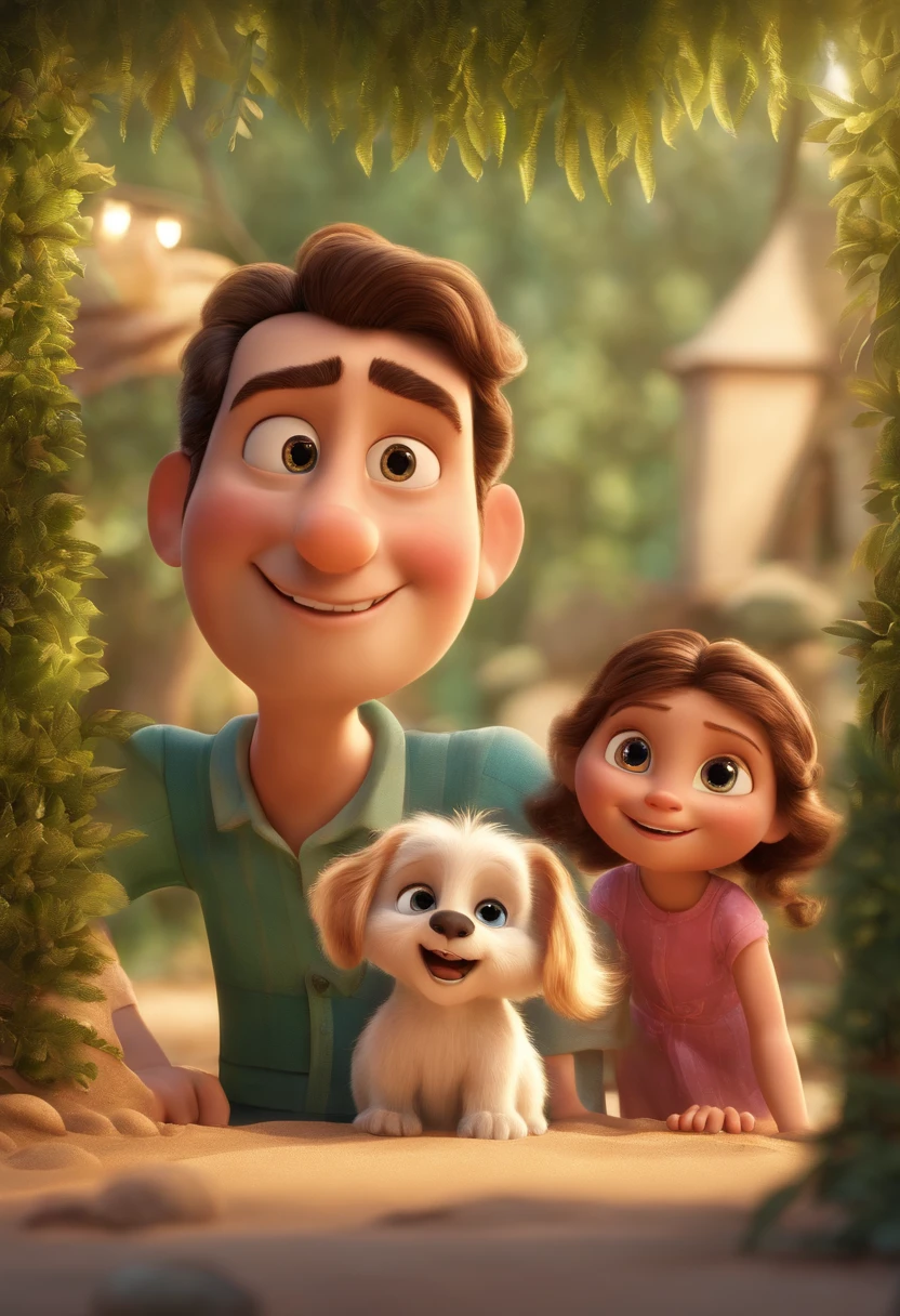 a Disney Pixar movie poster showing a white-skinned family. The father is the tallest, Tem barba curta, loiro, cabelos curtos e espinhosos. The mother has brown eyes and hair, shoulder-length and is slightly overweight. A menina tem 4 anos e cabelos castanhos, roupa rosa e rabos de cavalo. The background is a beach garden. 3D-rendering