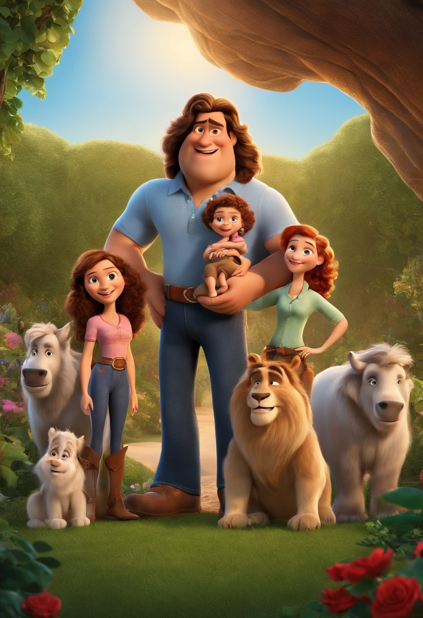 a Disney Pixar movie poster showing a white-skinned family. The father is the tallest, Tem barba curta, loiro, cabelos curtos e espinhosos. The mother has brown eyes and hair, shoulder-length and is slightly overweight. A menina tem 4 anos e cabelos castanhos, roupa rosa e rabos de cavalo. The background is a beach garden. 3D-rendering