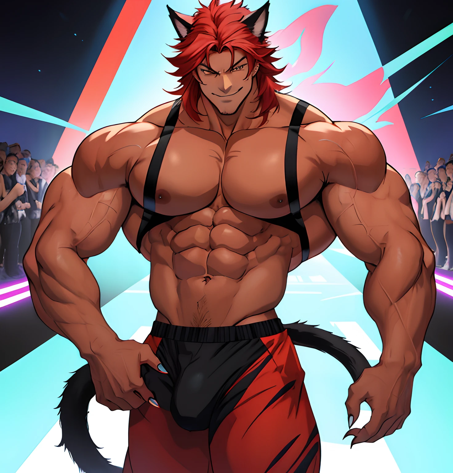 (anime style art,)extremely masculine muscular character,muscular,bodybuilder, huge bulge, smirk, erotic, catboy, feline ears and tail, high fashion, runway, catwalk, claws,