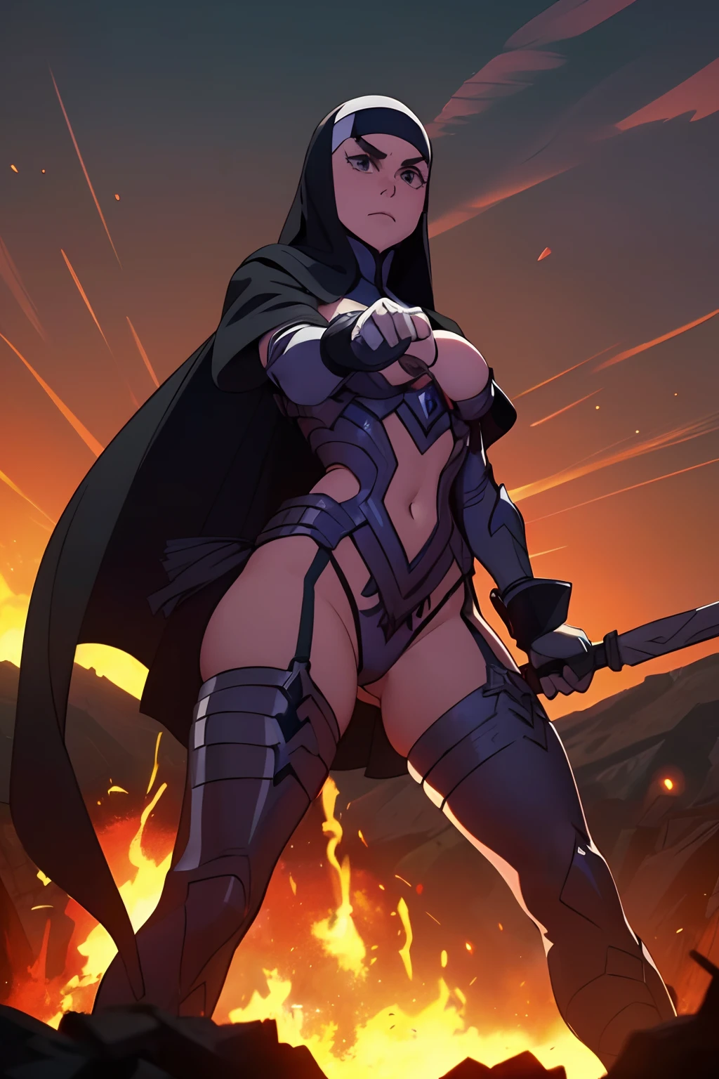 (master part:1.5), (melhor qualidade), (altamente detalhado), (ultra-detalhado), (1girl:1.2), (corpo inteiro:1.2),, (weapon in hand), (cena de batalha de guerra), (Atmosfera sangrenta), (smoke billowing), (fire), (corpses), (Chaotic background), (Explosions), (roupas rasgadas), (Determined expression), (suor e sujeira), (ferido), (dynamic pose), (paisagem queimada), (postura de luta), (detritos fumegantes), (Chamas:1.3), (gritos de guerra), (sons de guerra:1.1)