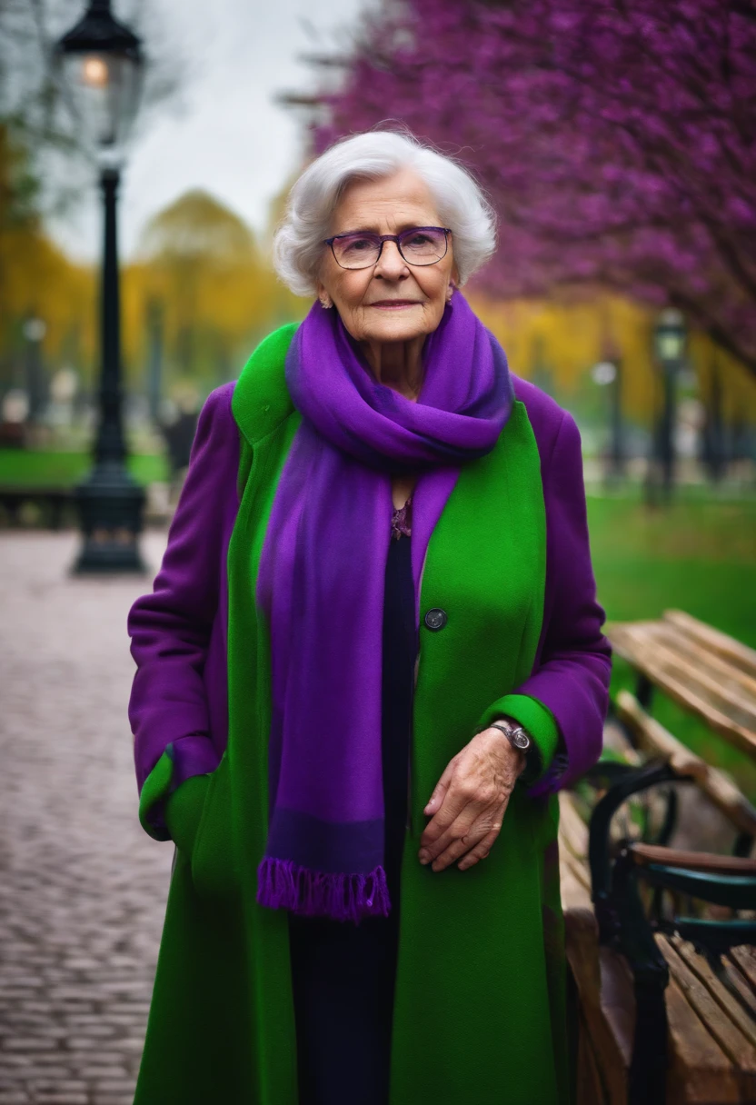 masterpiece, best quality, an old woman with glasses and a scarf on, wearing a purple coat and green scarf, standing at the park