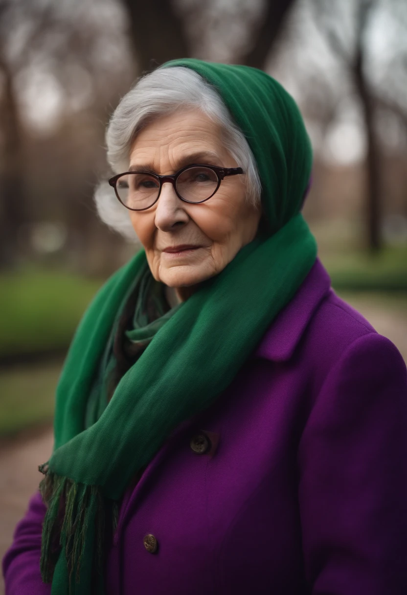 masterpiece, best quality, an old woman with glasses and a scarf on, wearing a purple coat and green scarf, standing at the park