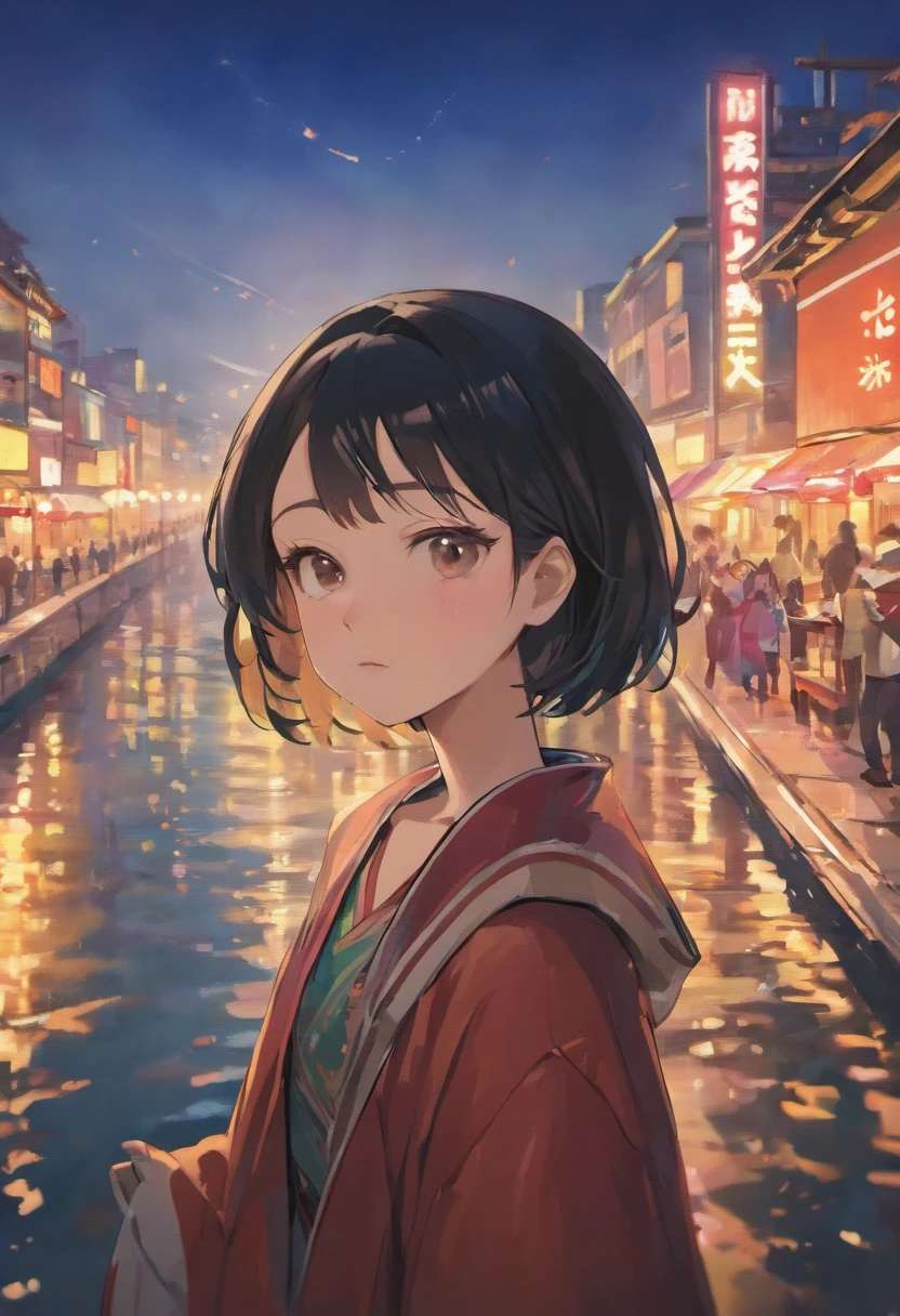 (The ultra -The high-definition、high-level image quality、8K、masterpiece:1.4)、Luxury liner、Scenery on deck、Night Cruises、Beautiful night view of the coast in the distance、Port of Yokohama、The season is late autumn、beautiful Korean women、Medium Layer Hairstyles、With beautiful black hair、In a sweater with an open chest、With Korean style makeup、On Zhang Ziyi's face、softfocus、