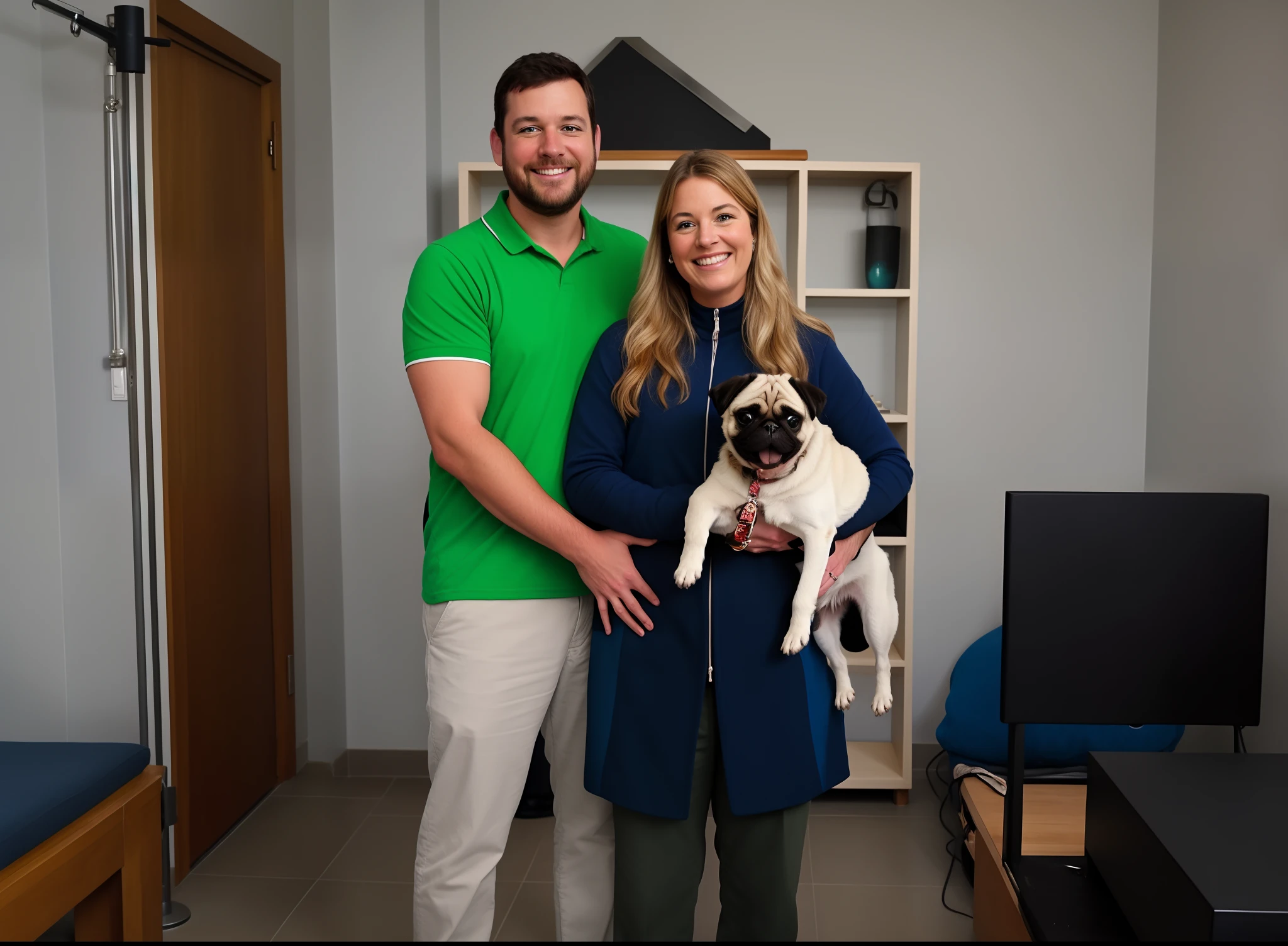 Pixar. A very happy couple holding their pug puppy.