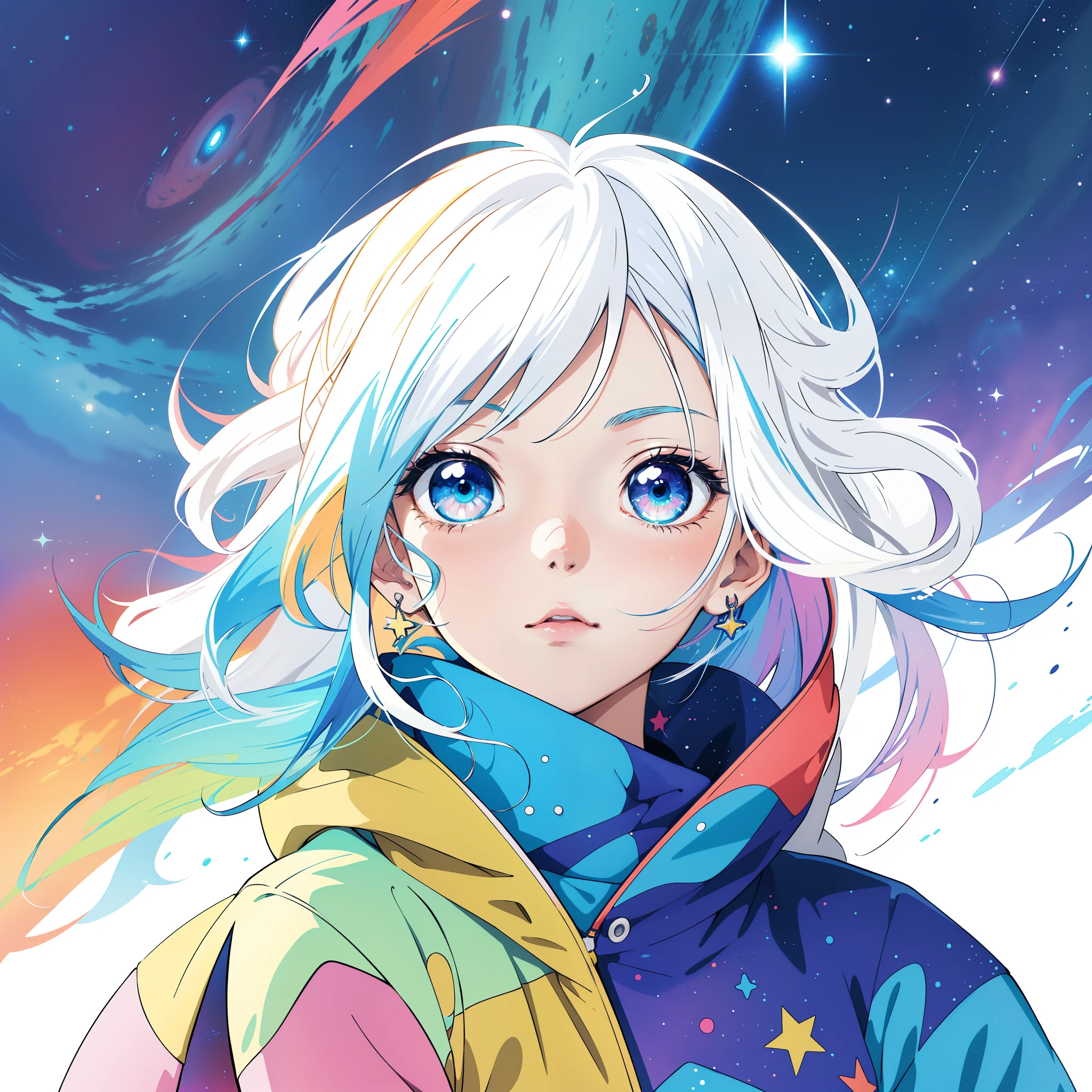 anime girl with white hair and blue eyes in a colorful space, anime girl with cosmic hair, Anime art wallpaper 4k, Anime art wallpaper 4 K, portrait anime space cadet girl, Anime art wallpaper 8 K, style of anime4 K, Anime art style, beautiful anime art style, Anime wallpaper 4 k, Anime wallpaper 4k, anime art style