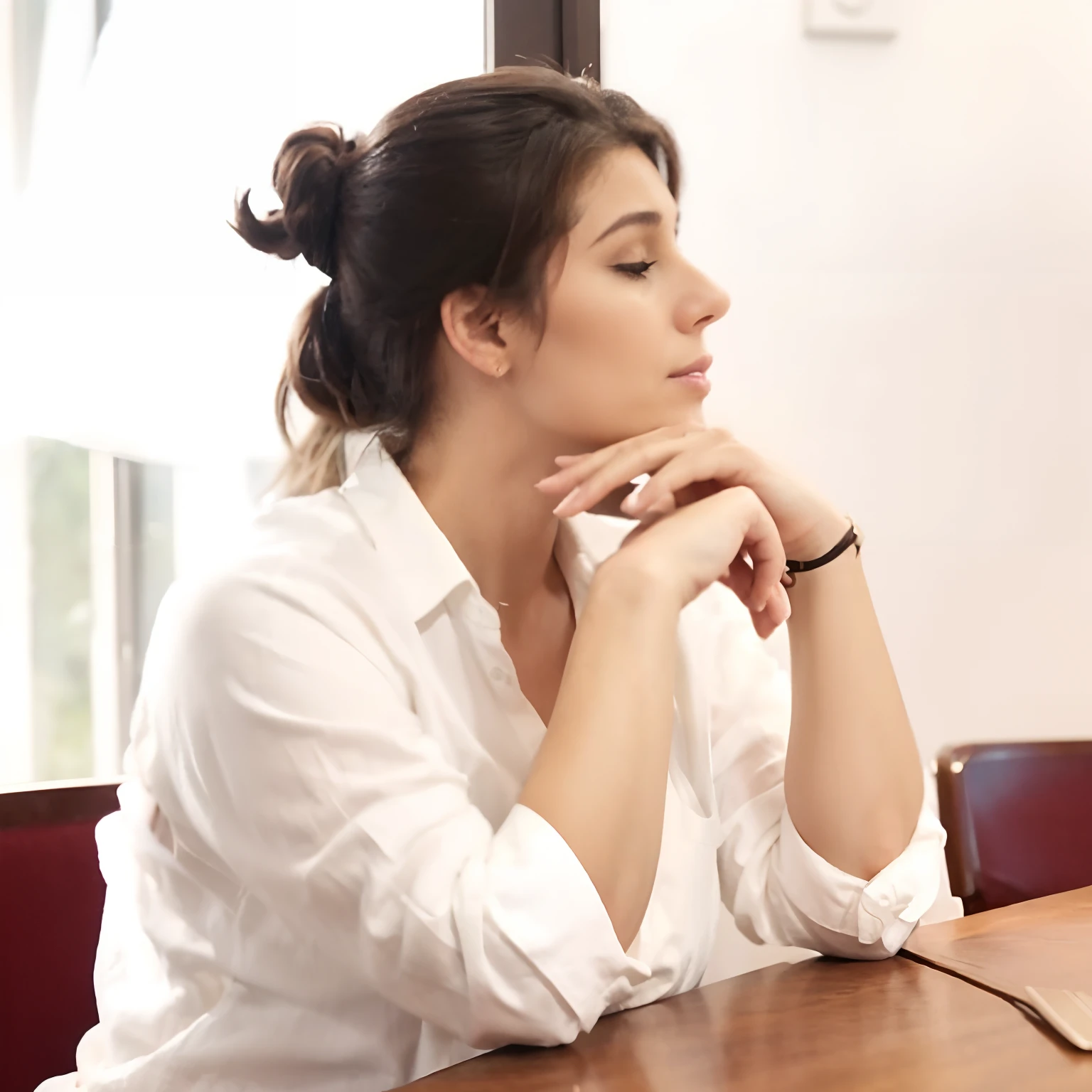 40-year-old woman in profile sitting at a table. Camisa branca, cabelos castanhos presos em um coque meio solto. Face resting lightly on hands just like Disney Pixar movies. Special attention to MSOs