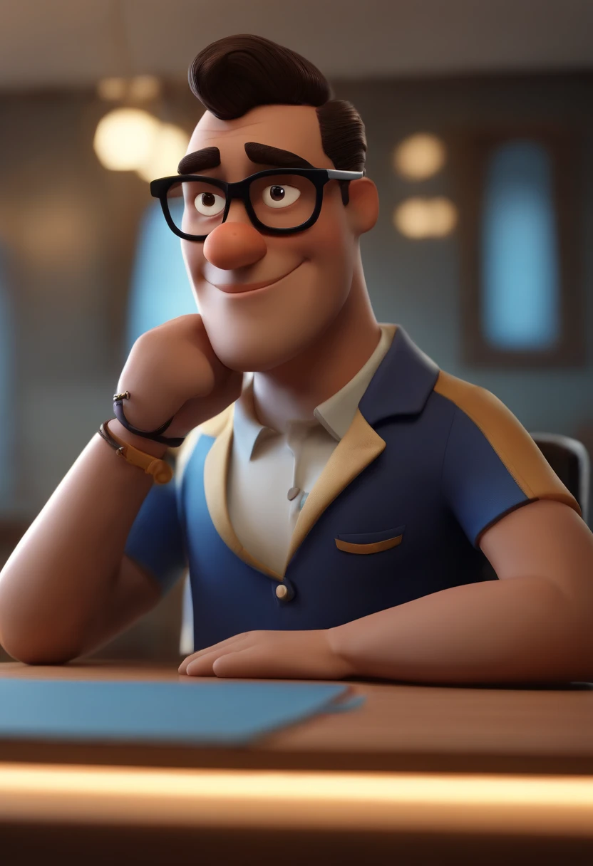 Cartoon character of a man wearing black glasses and a blue shirt, um personagem animado, Caractere estilizado, animation style rendering, 3D estilizado, Arnold Maya render, 3 d render stylized, toon render keyshot, Personagem 3D, Personagem 3D, 3d rendering stylized, 3 d character render, personagem de desenho animado, Personagem de close up, Pose de personagem, (Estilo Pixar) (master part:1.2) (Bokeh) (best quality) (pele detalhada) (textura detalhada) (8k) (argila) (Cinematic lighting) (foco nítido，Senta e vaza a parte superior do corpo