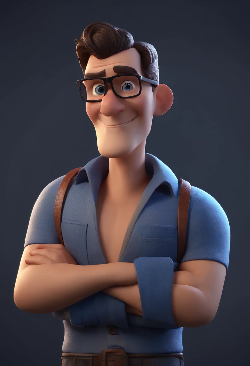 Cartoon character of a man wearing black glasses and a blue shirt, um personagem animado, Caractere estilizado, animation style rendering, 3D estilizado, Arnold Maya render, 3 d render stylized, toon render keyshot, Personagem 3D, Personagem 3D, 3d rendering stylized, 3 d character render, personagem de desenho animado, Personagem de close up, Pose de personagem, (Estilo Pixar) (master part:1.2) (Bokeh) (best quality) (pele detalhada) (textura detalhada) (8k) (argila) (Cinematic lighting) (foco nítido,Senta e vaza a parte superior do corpo
