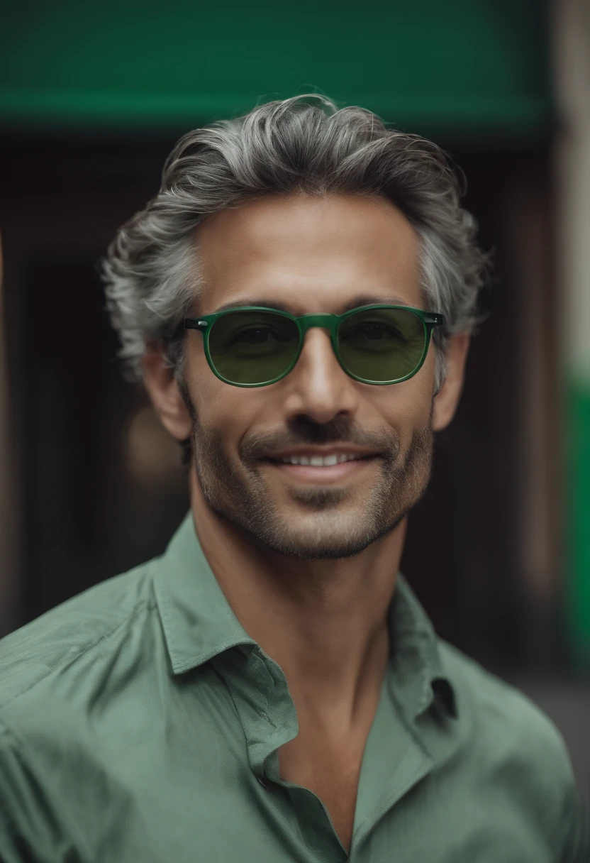 Homem de 36 anos, pouco cabelo loiro, Green eyes with gray thin-framed glasses, camisa verde, feliz