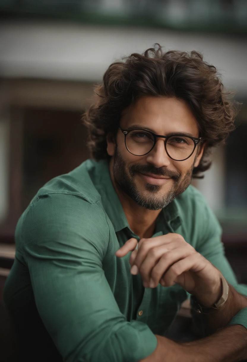Homem de 36 anos, pouco cabelo loiro, Green eyes with gray thin-framed glasses, camisa verde, feliz