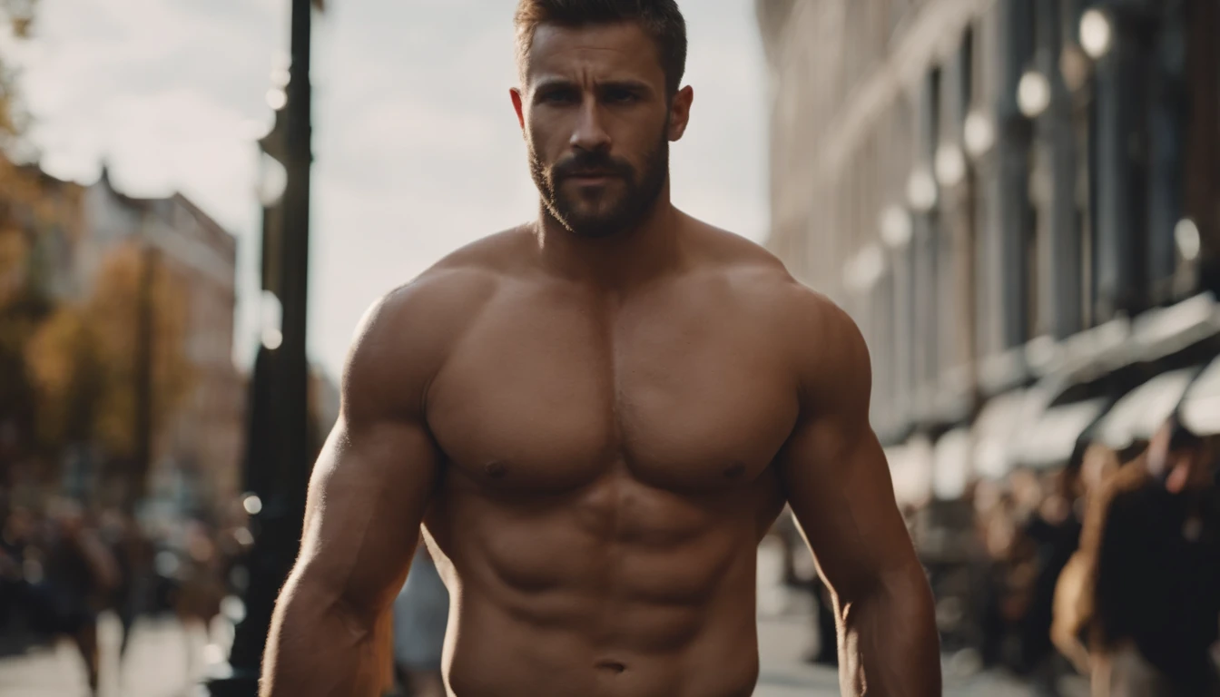 fully naked muscular guy in town with huge erection.