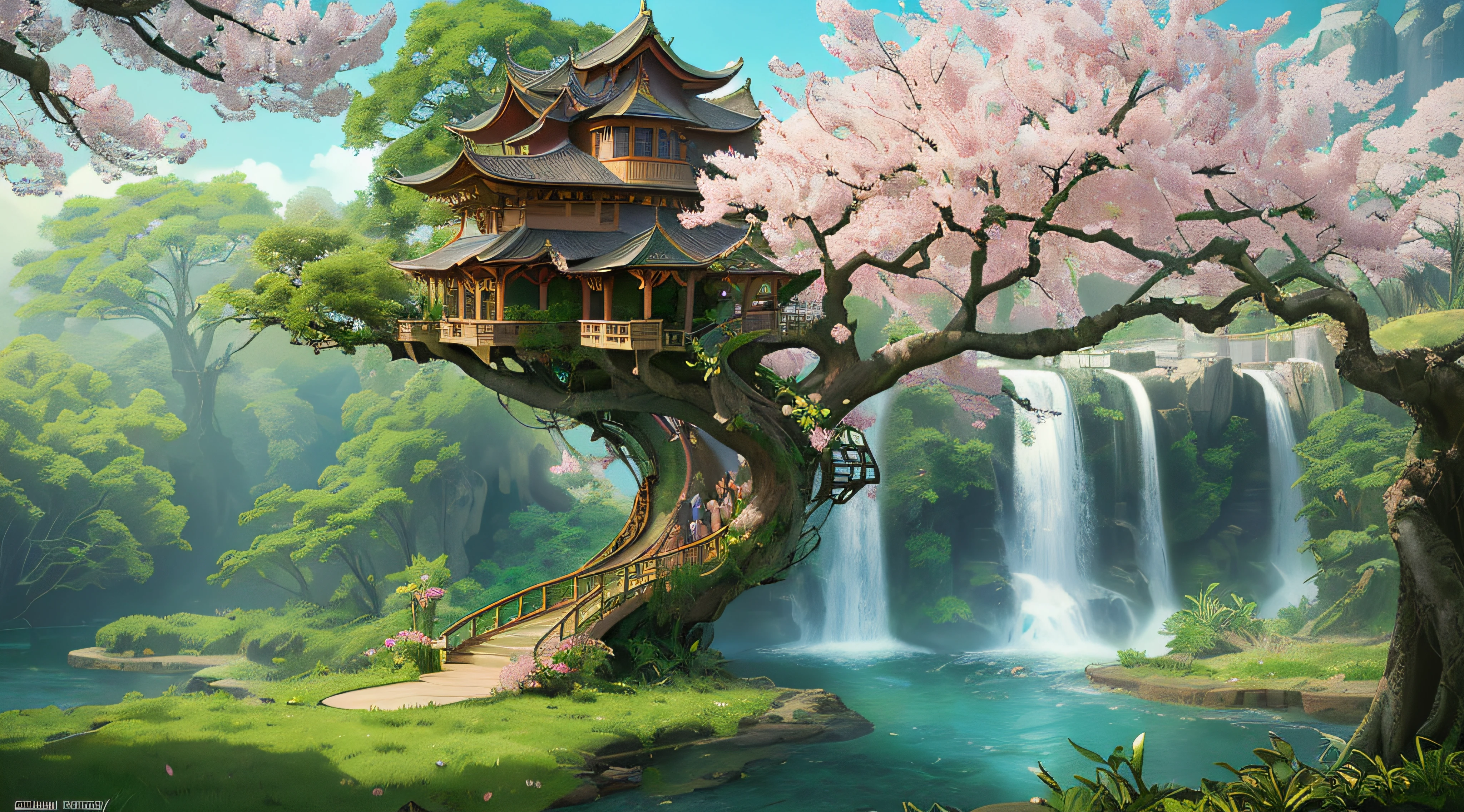 Cinematic lighting,Peach blossom tree, wood bridges,tree house,lawns,bird's eyes view,colorful vegetation,Sci-fi futuristic architecture,waterfallr,Many ships,Matte painting by James Gurney,Trends on CGSociety,Supersaturation,Super sharp、hyper realisitc,