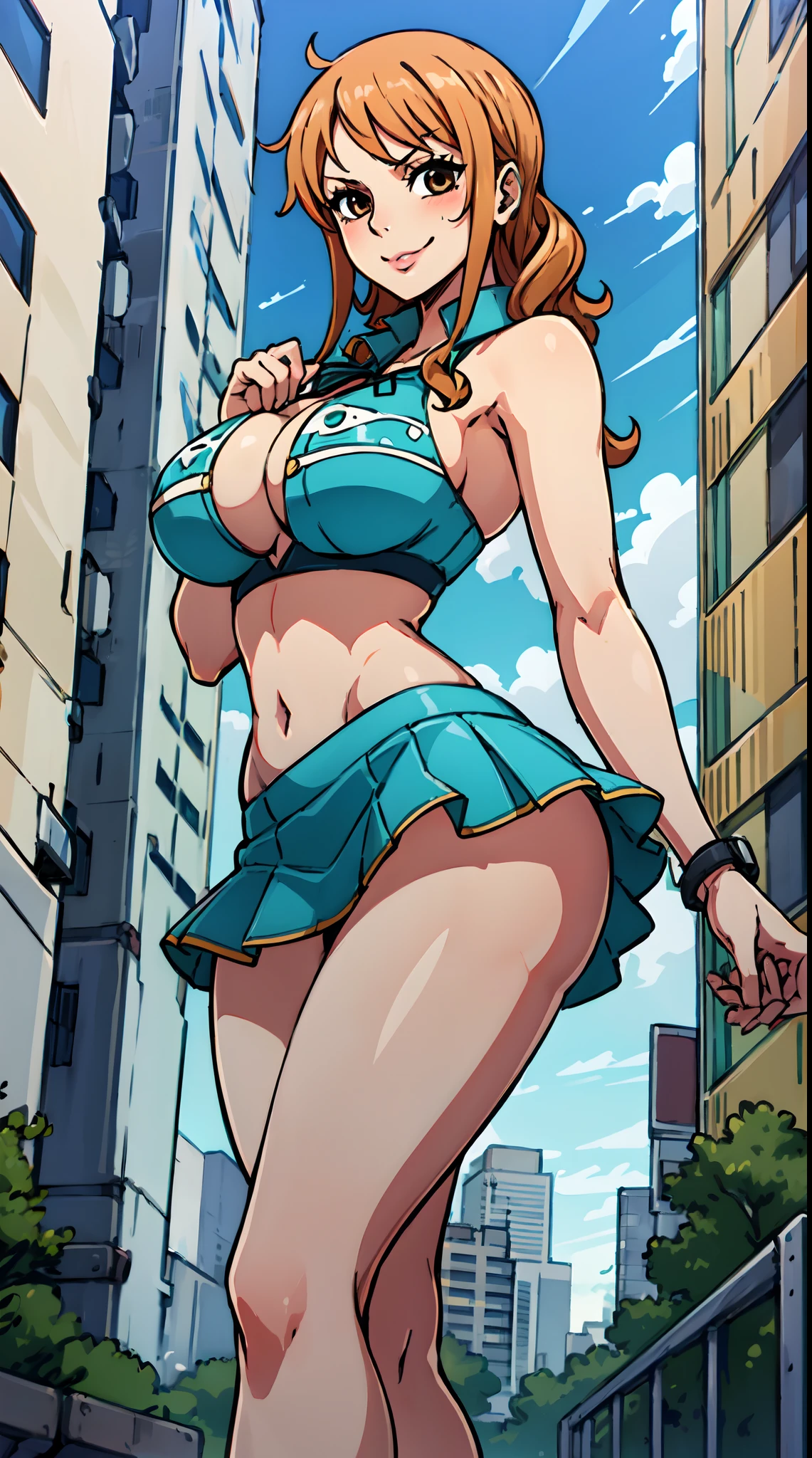 (best quality:1.3), nami, busty, seductive, sexy, curvy body,  ((mini skirt)), ((city)),