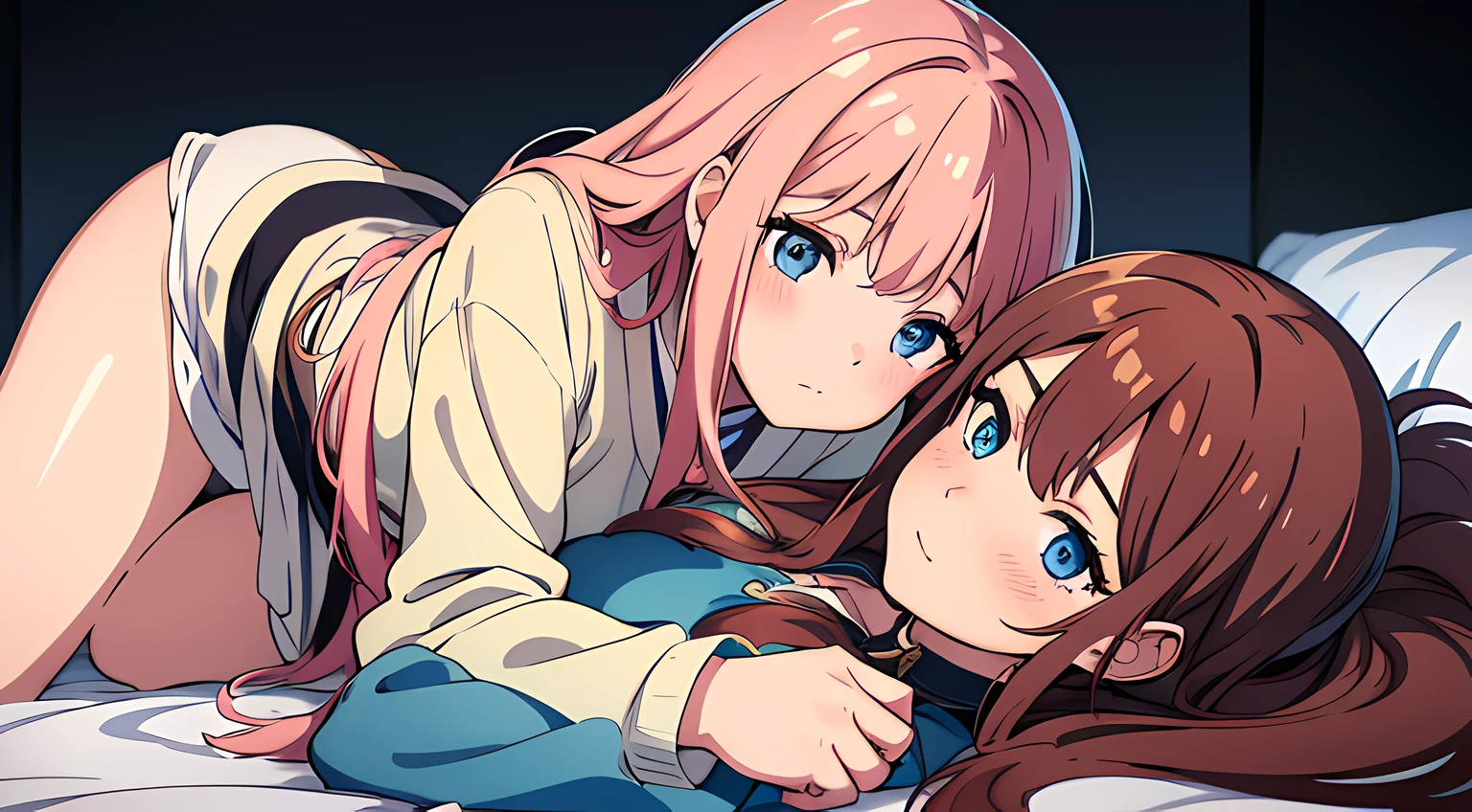 2 girls, (beautiful eyes finely detailed, long hair with different colors), wearing different outfit, laying down in bed, hugging each ohter, teasing facial expression, looking at the camera, blush on their face, master piece, sidelighting, top-quiality, detailed, full body photos, High Resolution anime illustration