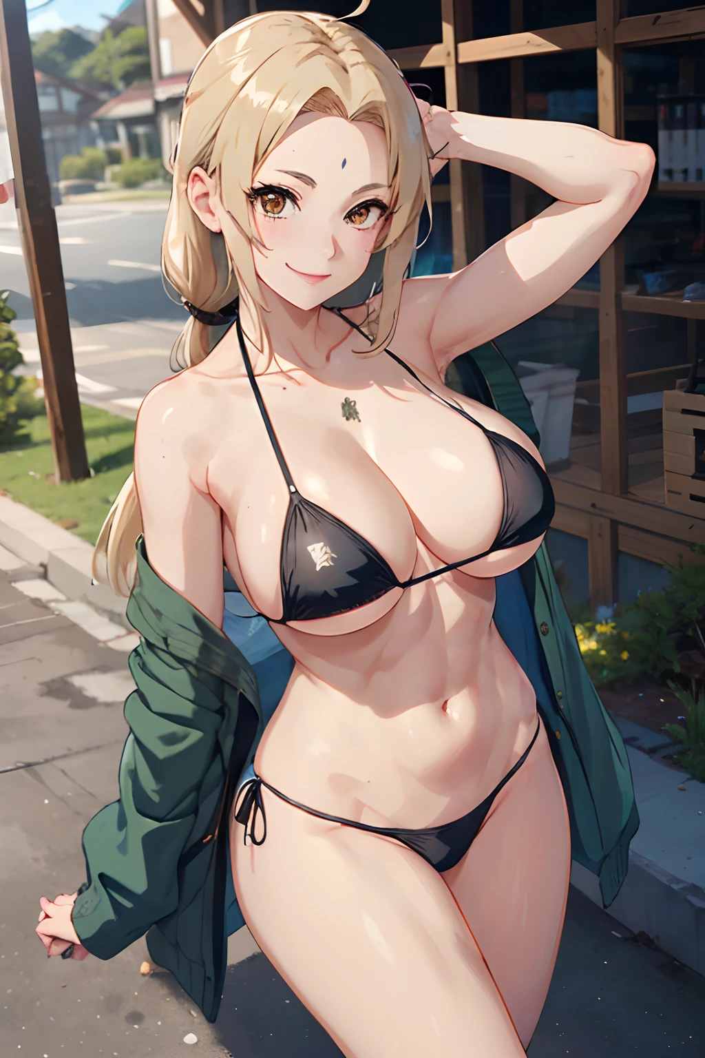 T5un4d3, Marcas,Tsunade, (( Micro Bikini, sexy,))(((posando para la foto))(((Modelo profesional)))、8k, 1chica em, solamente,escote de la mama,(obra maestra:1.4),(Calidad de imagen superior:1.4),(piel brillante),Tsunad_Senju、una sonrisa、muslos grandes、grande,